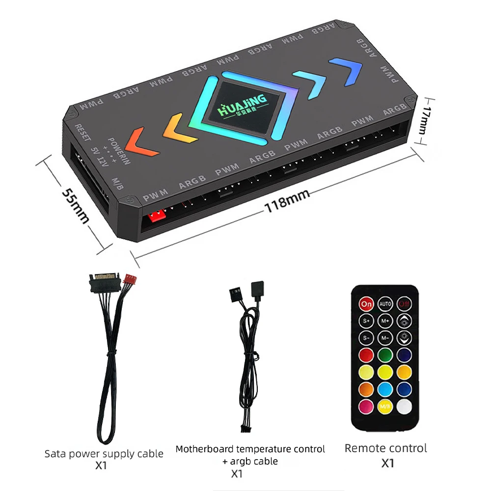 9 PWM & 9 ARGB Ports 5V 3Pin ARGB Controller 4Pin PWM Wireless Remote Synchronized Lighting Fan Hub Magnetic Base