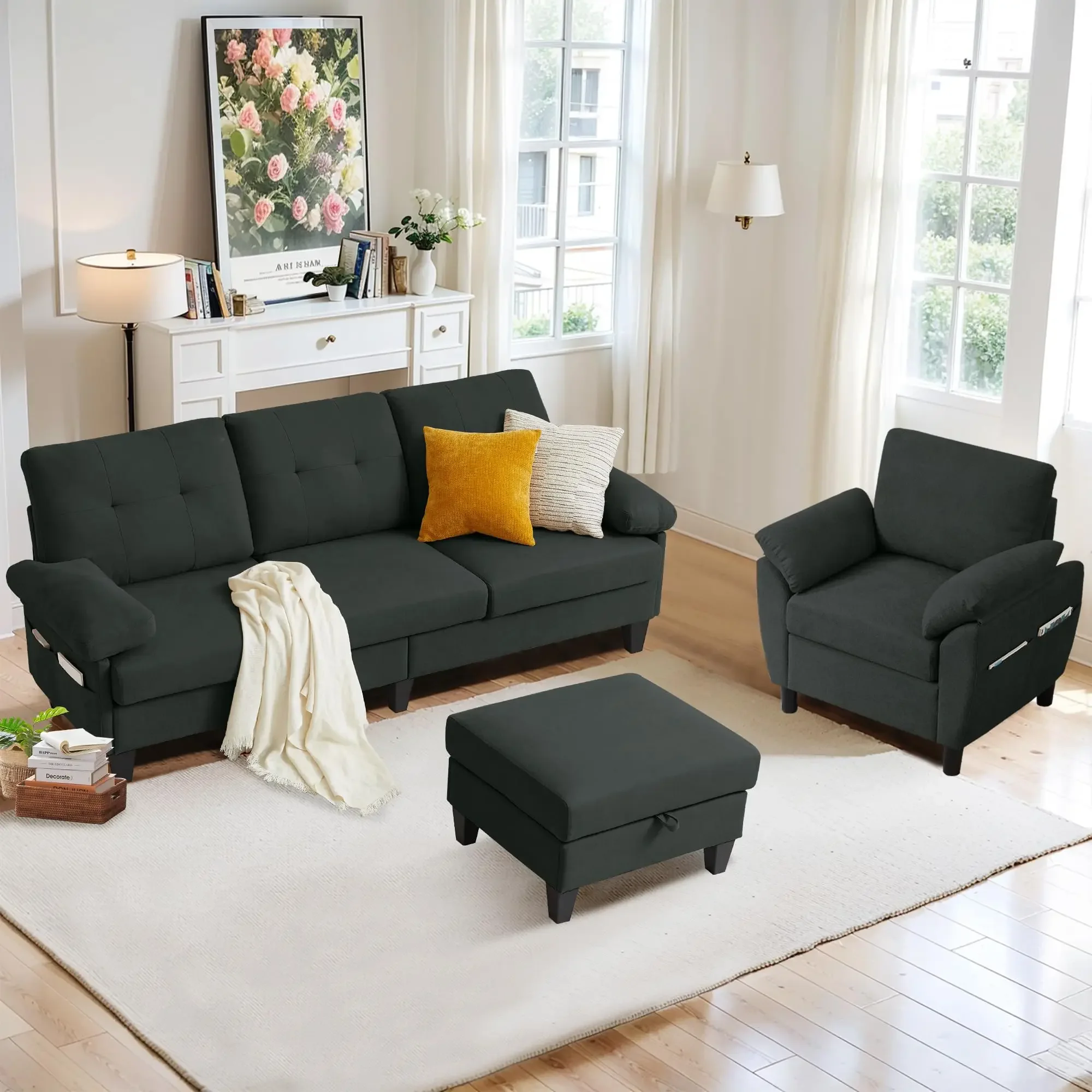 2 Piece Sectional Sofa Set, 3 Seat L Shaped Couches with Reversible Chaise Single Seat Accent Chair Polyester Fibre for