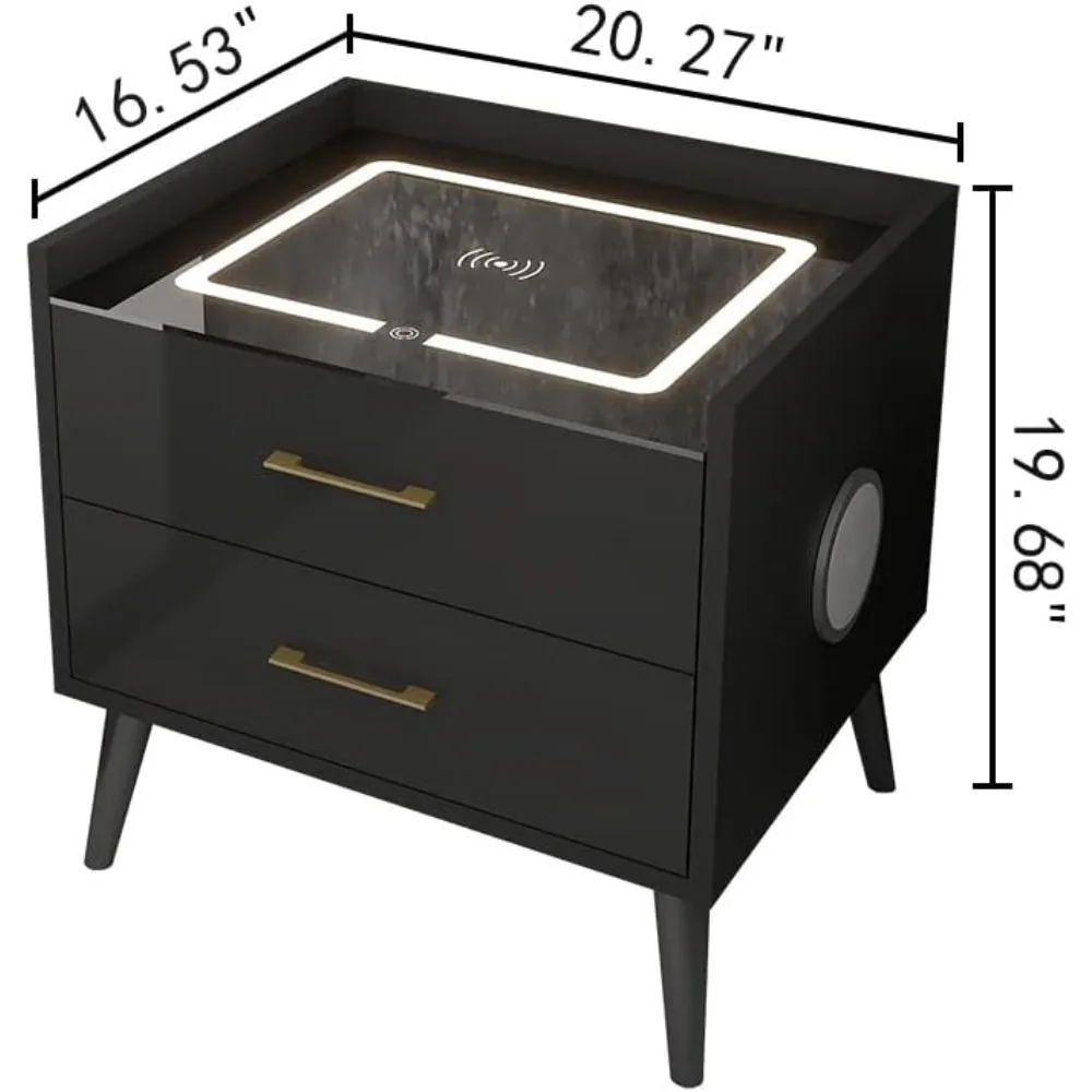 Mesita de noche LED inteligente con 2 cajones, mesa final con estación de carga inalámbrica y almacenamiento, mesa lateral con Altavoz Bluetooth