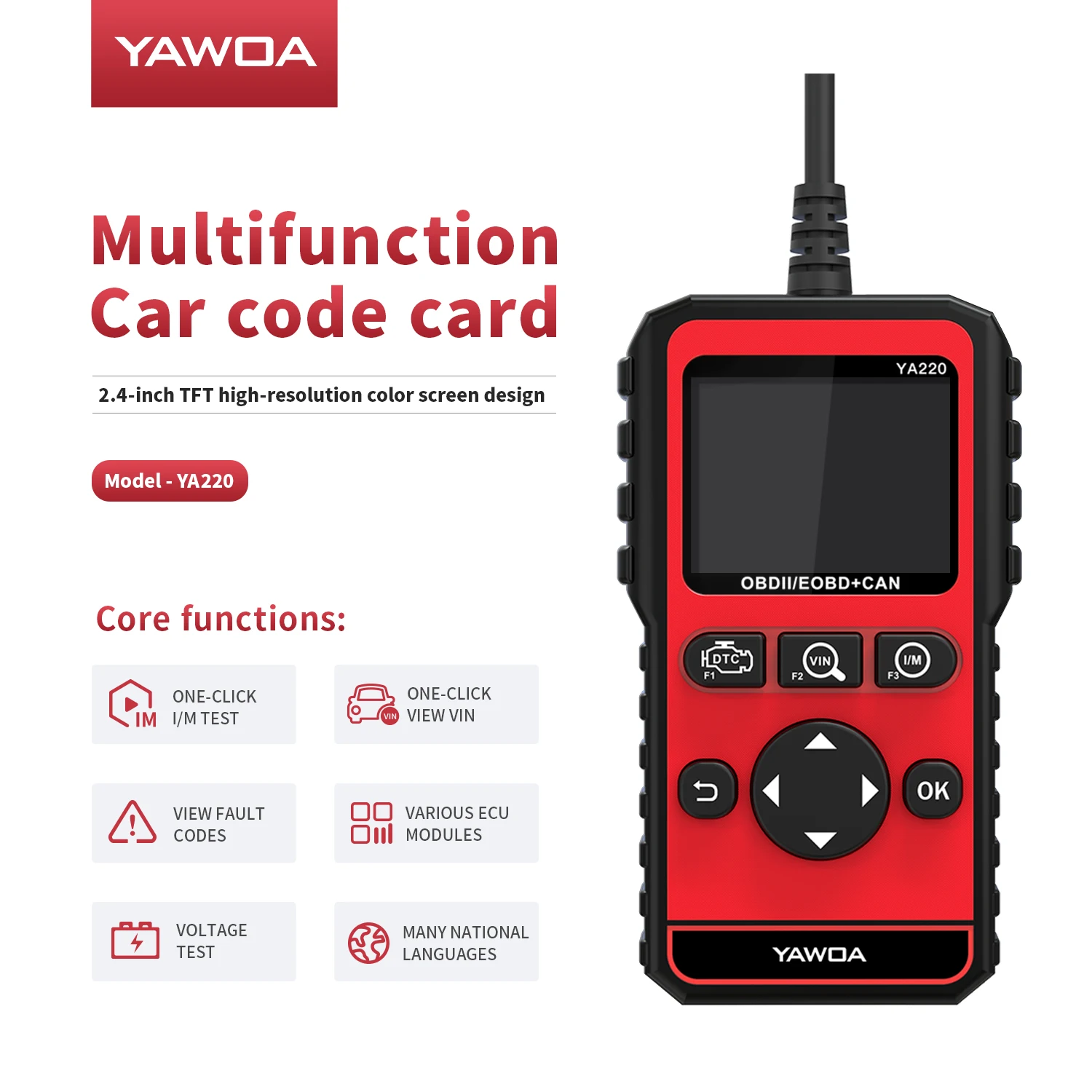 توفر قارئ الرمز OBDII/EOBD YA220 لغة كاملة ومتانة عالية ووظائف تشخيص TFT LCD مقاس 2.4 بوصة تدعم متعددة #6