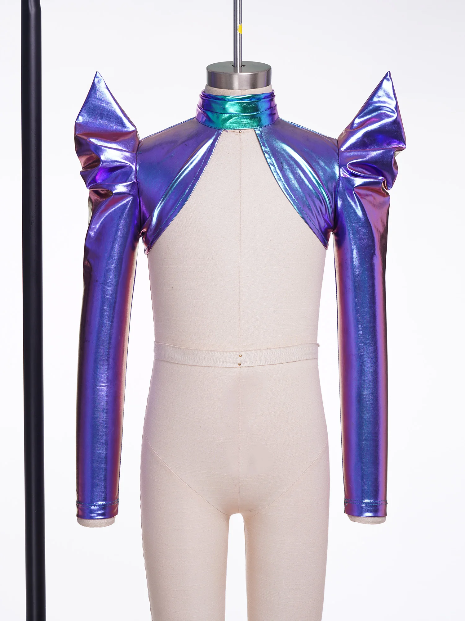Kids Girls Metallic Shrug Shoulder Futuristic Long Sleeve Open Front Jacket Coat Crop Top for Party Hip Hop Dance Performance