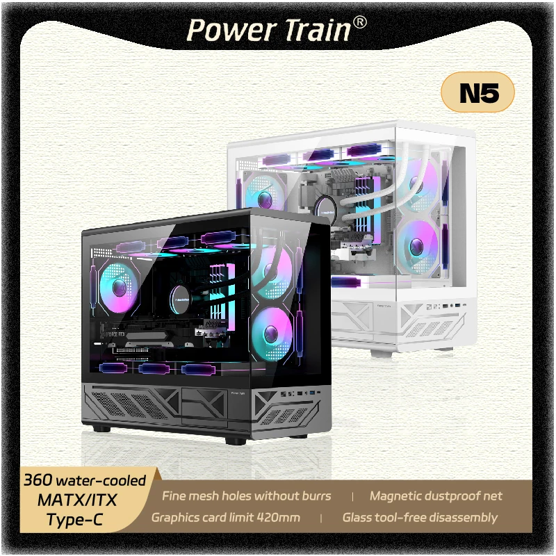 

Чехол для ПК Power Train N5 MATX без колонки, вид на море, стекло, боковой прозрачный 360-охладитель для воды, чехол для компьютера Type-C, gabinetes gamer