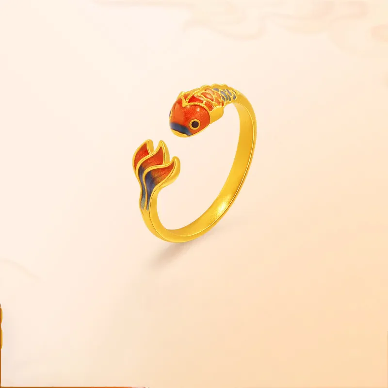 Открытое кольцо в китайском стиле с красной, синей золотой рыбкой, Женское кольцо с животным для высококачественного банкета, удачи Открытое кольцо в китайском стиле с красной, синей золотой рыбкой, Женское кольцо с животным для высококачественного банкета, удачи