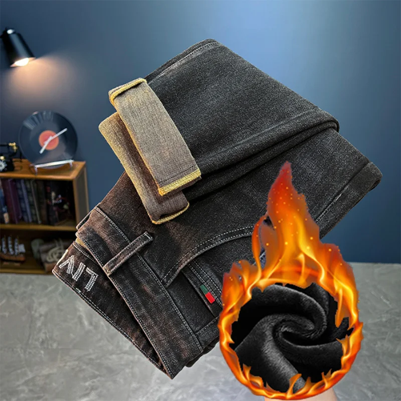 Hot Sale Men Snow Warm Plush Fleece Jeans Male Classic Slim Fit Straight Leg Pants Daily Commute Thickened Warm Denim Trousers