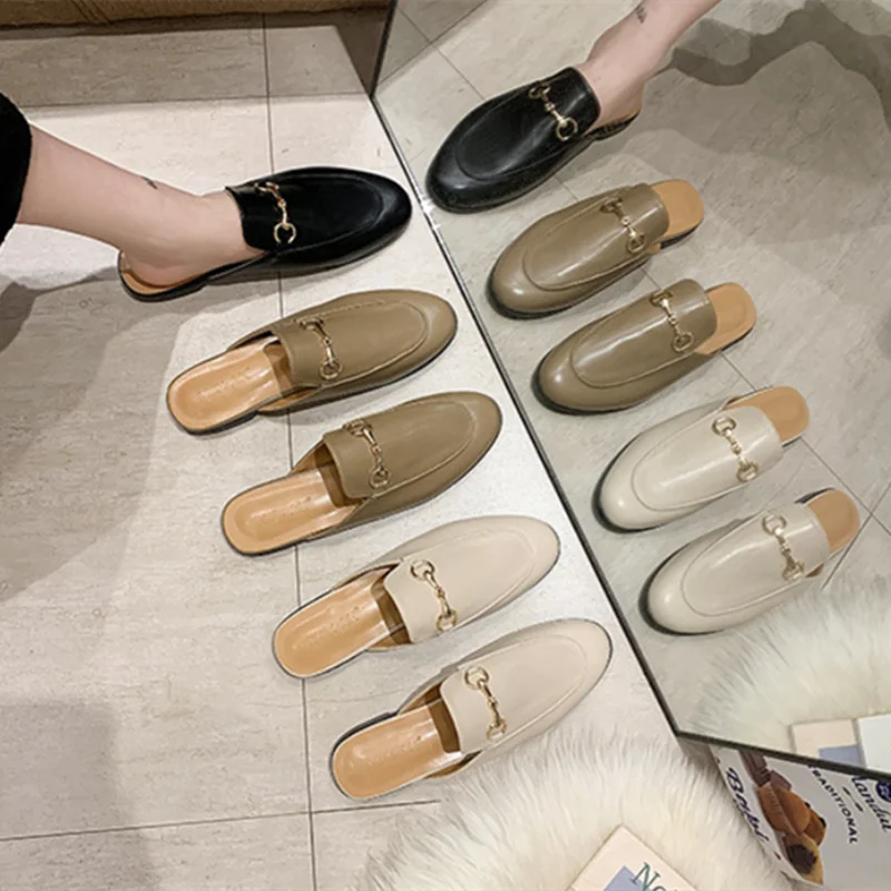 Lady Top Shop Shoes Round Toe Replicas Famous Slides Metallic Khaki Black Flat Slippers Wide Fitting 34-43 26cm Designer Leathe