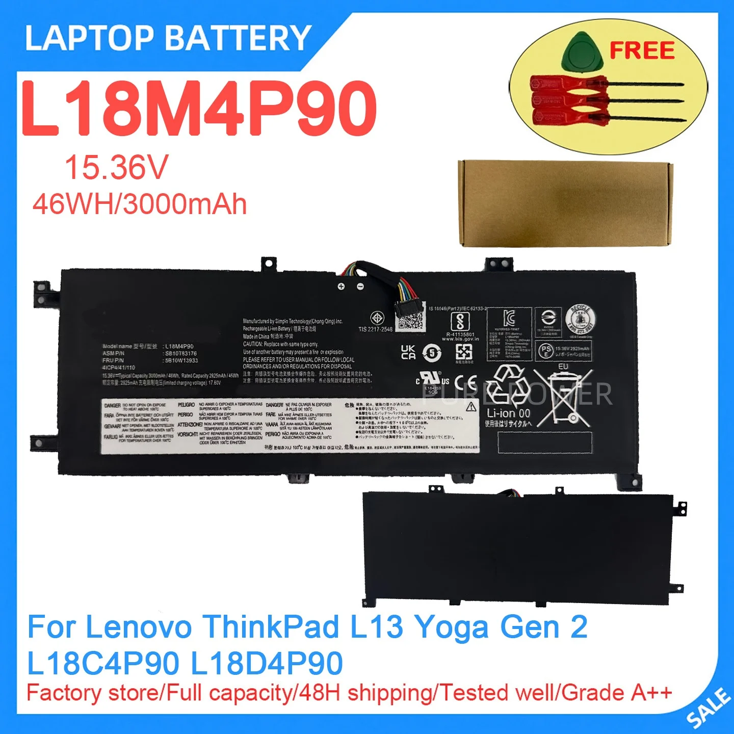 New Laptop Battery L18M4P90 15.36V 46WH 3000mAh High Quality For Lenovo ThinkPad L13 Yoga Gen 2 L18C4P90 L18D4P90