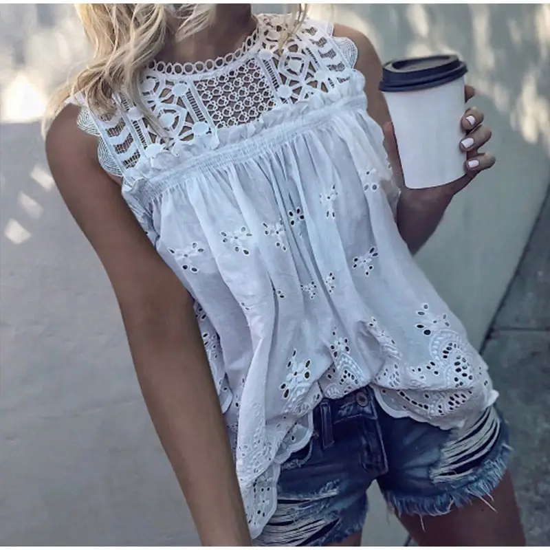 Cseta sin Mangas con Encaje Blanco Calado, Estilo Urbano, Cuello Redondo, Ajustada al Cuerpo, Informal, para Mujer, Tenden...