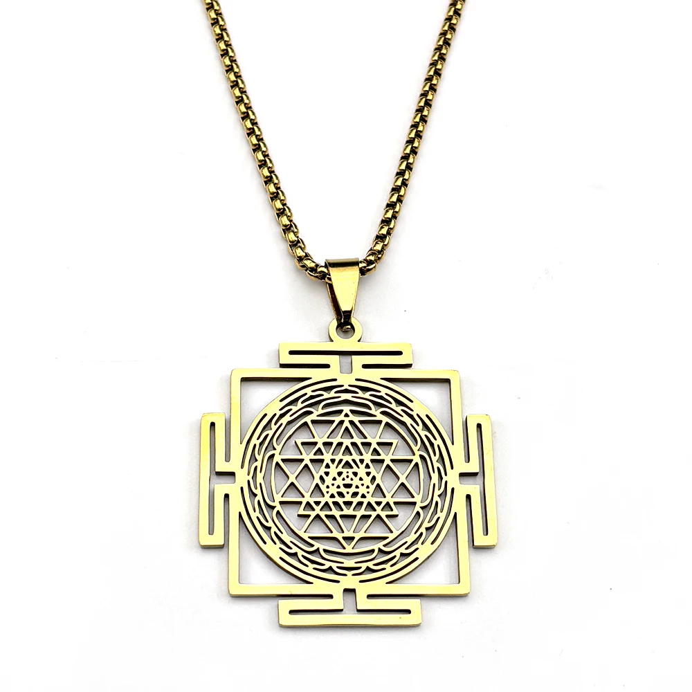 Yoga Hindu Sri Yantra Mandala Pendant Necklace for Women Men Stainless Steel Sacred Geometry Tantra Meditation Chain Jewelry