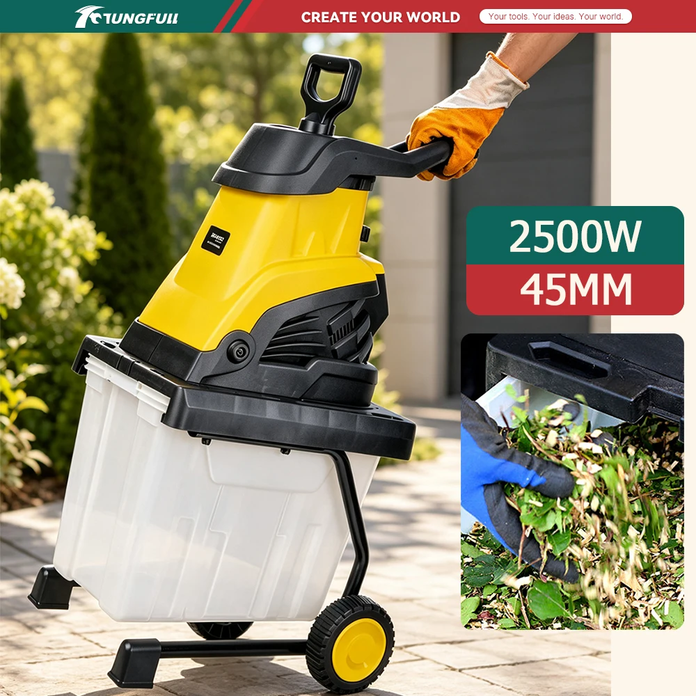 Electric Wood Shredder Wood Chipper 2500W 45mm Max Cutting Diameter 45L Box 220V Garden Branch Crusher Mulching Machine