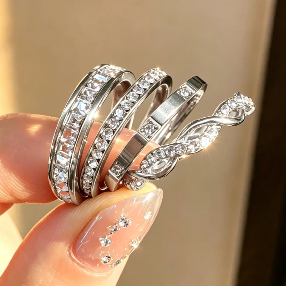 Yupsk 4pcs/set Gold Color Stainless Steel Rings for Women Brilliant Zircon Inlaid Stacking Ring Party Wedding Jewelry Gifts
