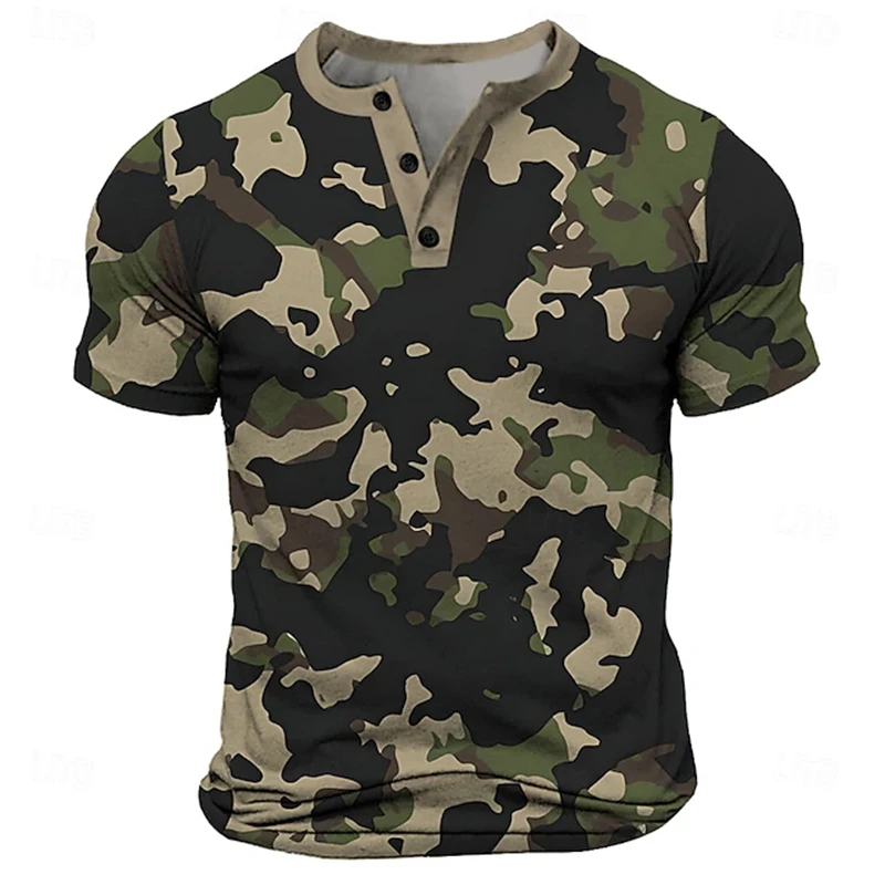 New Men's Outdoor Henry T-Shirt Military-Style Camo Print Short-Sleeve Breathable Sporty Button-Down Casual Top