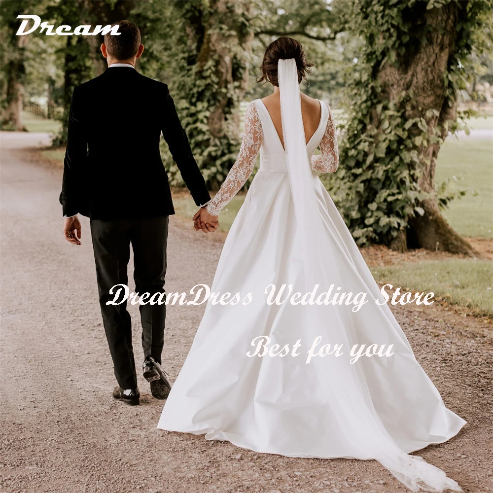 DREAM Customized Simple Satin Princess Wedding Dresses Women Lace V-Neck Bridal Ball Gowns Sweep Train Vestidos Novias Boda 2025