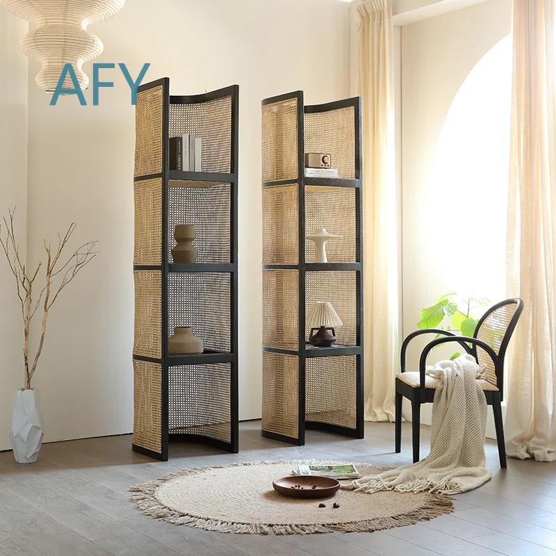Japanese Style Wicker Storage Shelf for Small Apartments Multi-Tier Floor Standing Bookshelf Wabi Sabi Style Guesthouse