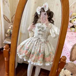 Kawaii Cute Lolita Jsk Dress Japanese Vintage Sweet Style Women Sleeveless Cartoon Print Floral Jsk Dresses