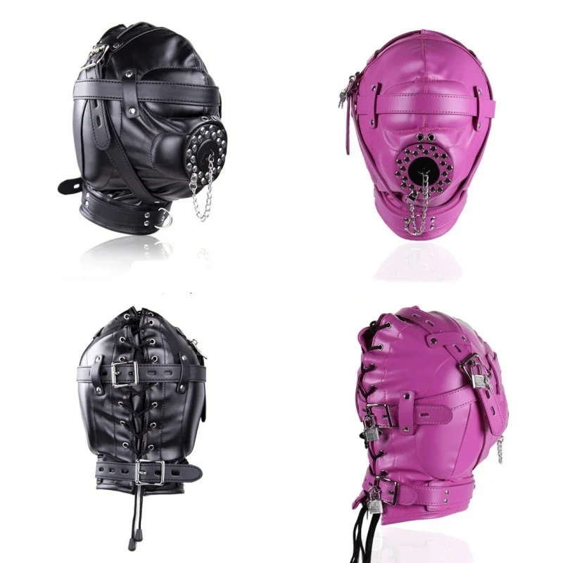 Black Fetish Cosplay Leather PU Full Face Mask Hood Punk Style Patent Leather Mask for Woman Man Halloween Party Mysterious Mask