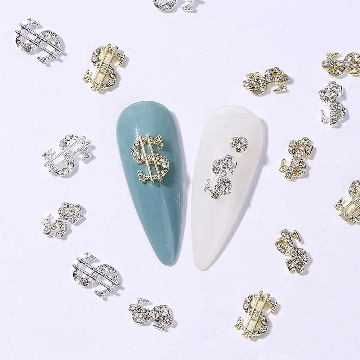 

Cross-border manicure jewelry gold and silver dollar symbol coin symbol nail light luxury flash diamond decoration