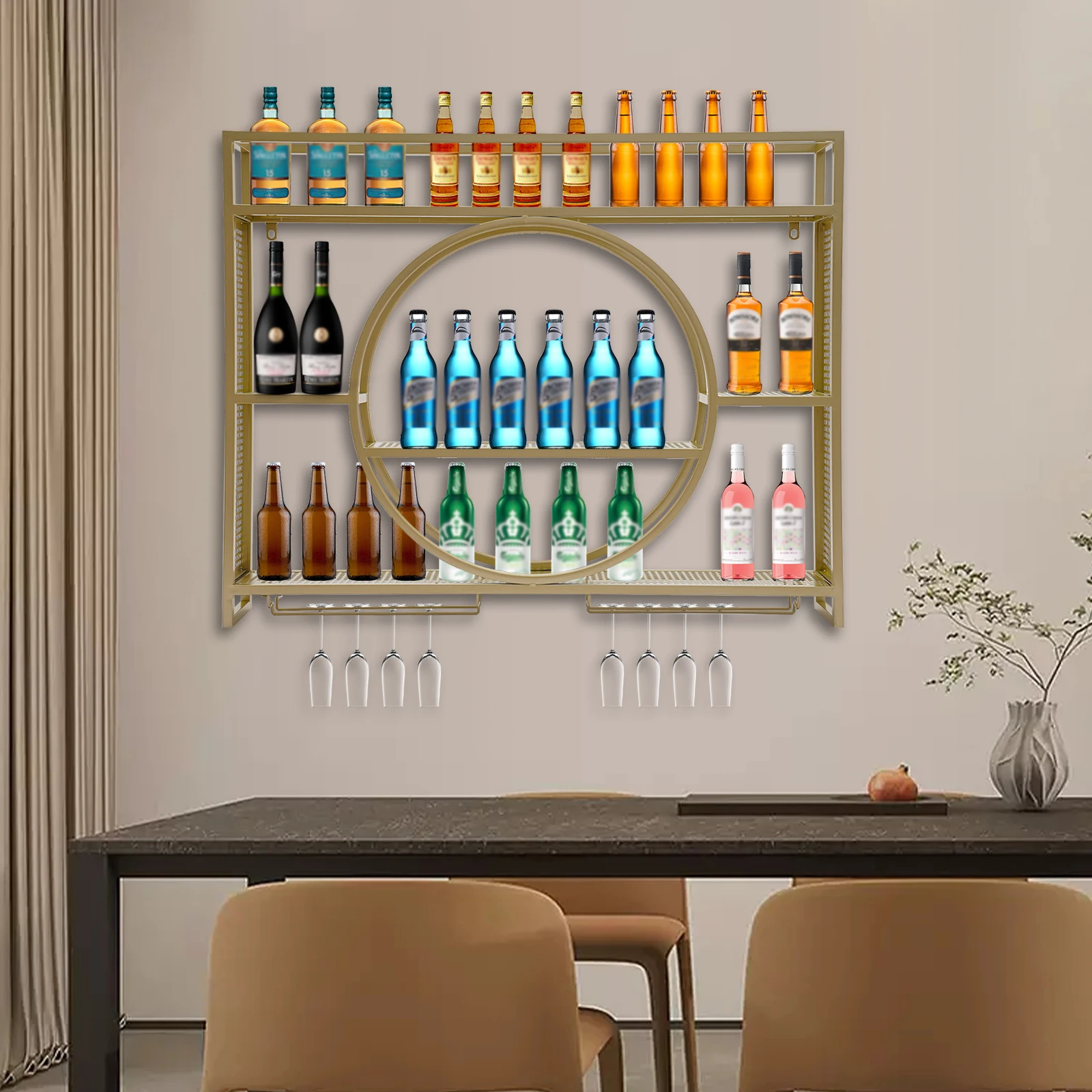 An der Wand montiertes Weinregal, Regale, Vitrine, hochwertige Möbel, elegante Weinständer, Bar im Freien, kompletter Küchenschrank