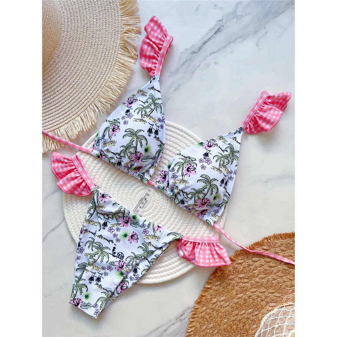 Bedruckter, gerüschter Bikini mit hohem Beinausschnitt, Damen-Badeanzug, zweiteiliges Bikini-Set, Badebekleidung, Badeanzug, Modell V6050. – Detail 6