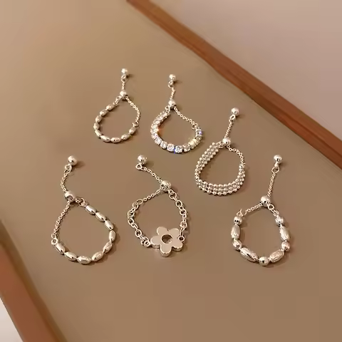 PONYKISS 925 Sterling Silver Flower Ball Long Tassel Chain Adjustable Pull Ring for Women Index Finger Ring Trendy Fine Jewelry