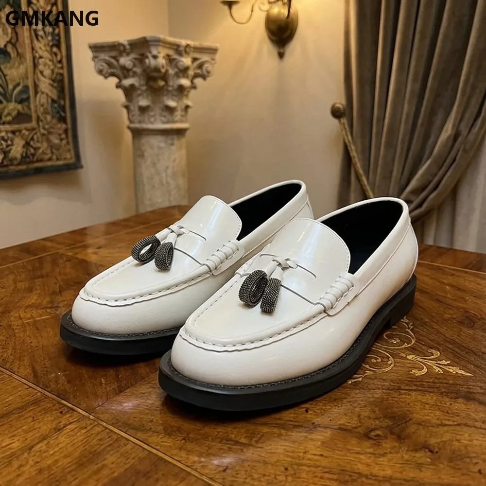 Mocasines de cuero genuino para mujer, zapatos planos con flecos y cadena de cuentas, punta redonda, cómodos para ir al trabajo, informales, GMKANG