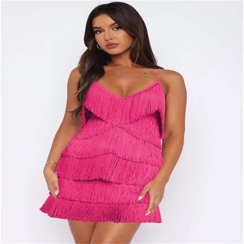 

Ladies Solid Color Layered Fringed Skinny Suspender Dress Nightclub Fashion Sexy Summer Latin Dance Suspender Dress