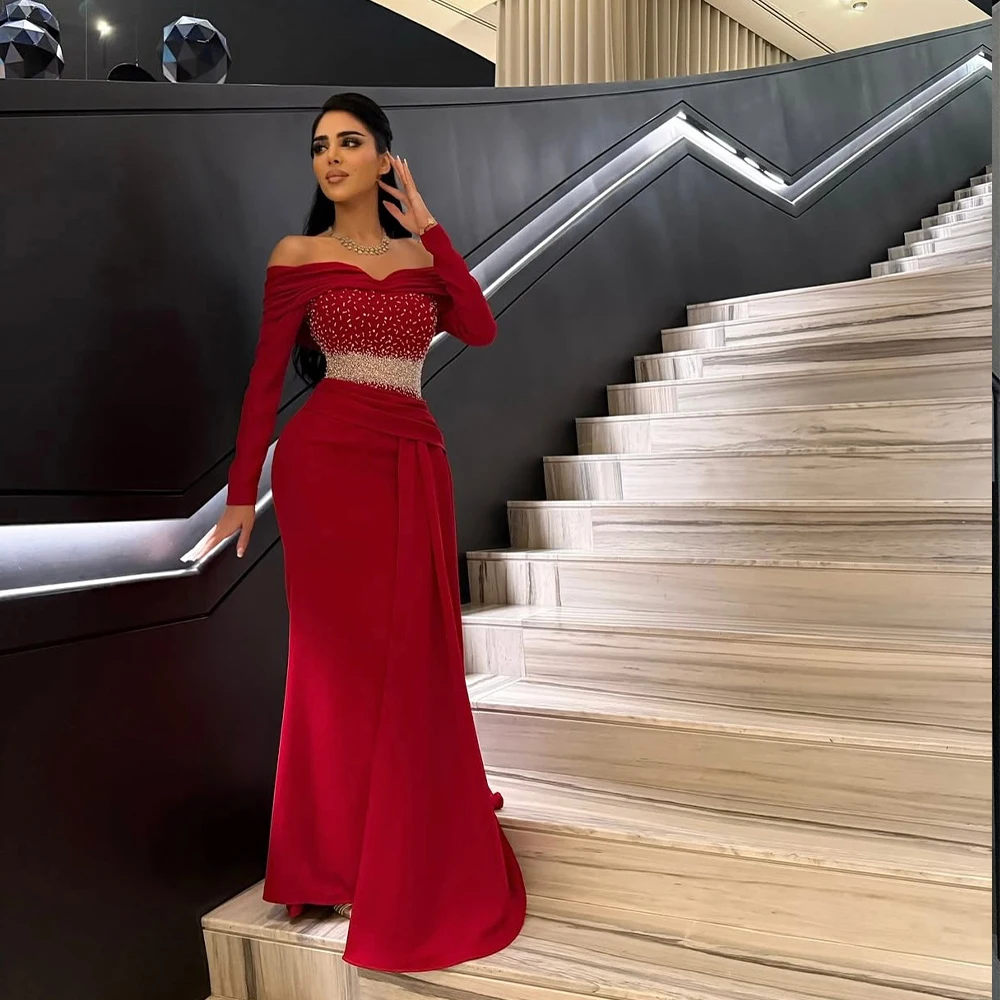 Robes de soirée rouges épaules dénudées à manches longues robe de bal élégante Gala Arbic robe de soirée d'invité de mariage robes de soirée personnalisées