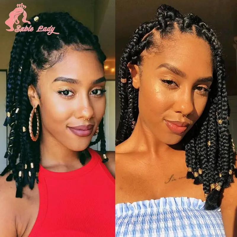 Short Bob Braided Wigs Full Lace Front Box Braid Wigs Synthetic Black 360 Lace Frontal Cornrow Wigs Braid African Women 10 Inch