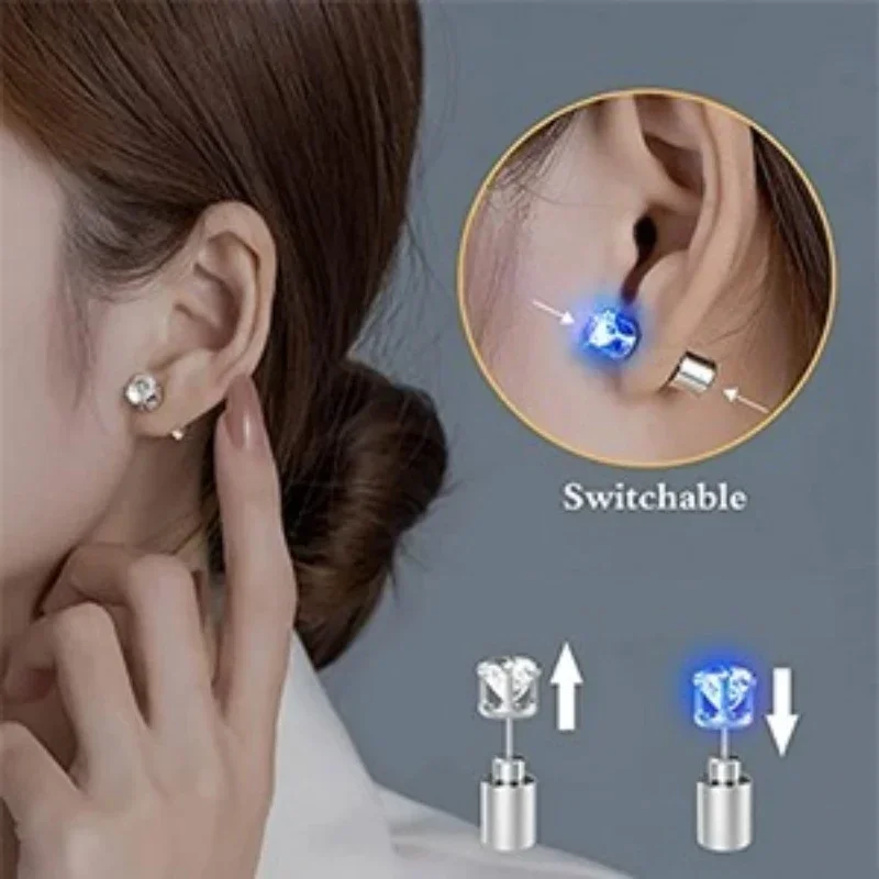 2Pcs A Pair of LED Earrings Glowing Crown Diamond Light Ear Studs Pendant Stud Stainless Multicolor Party Christmas Holiday Gift