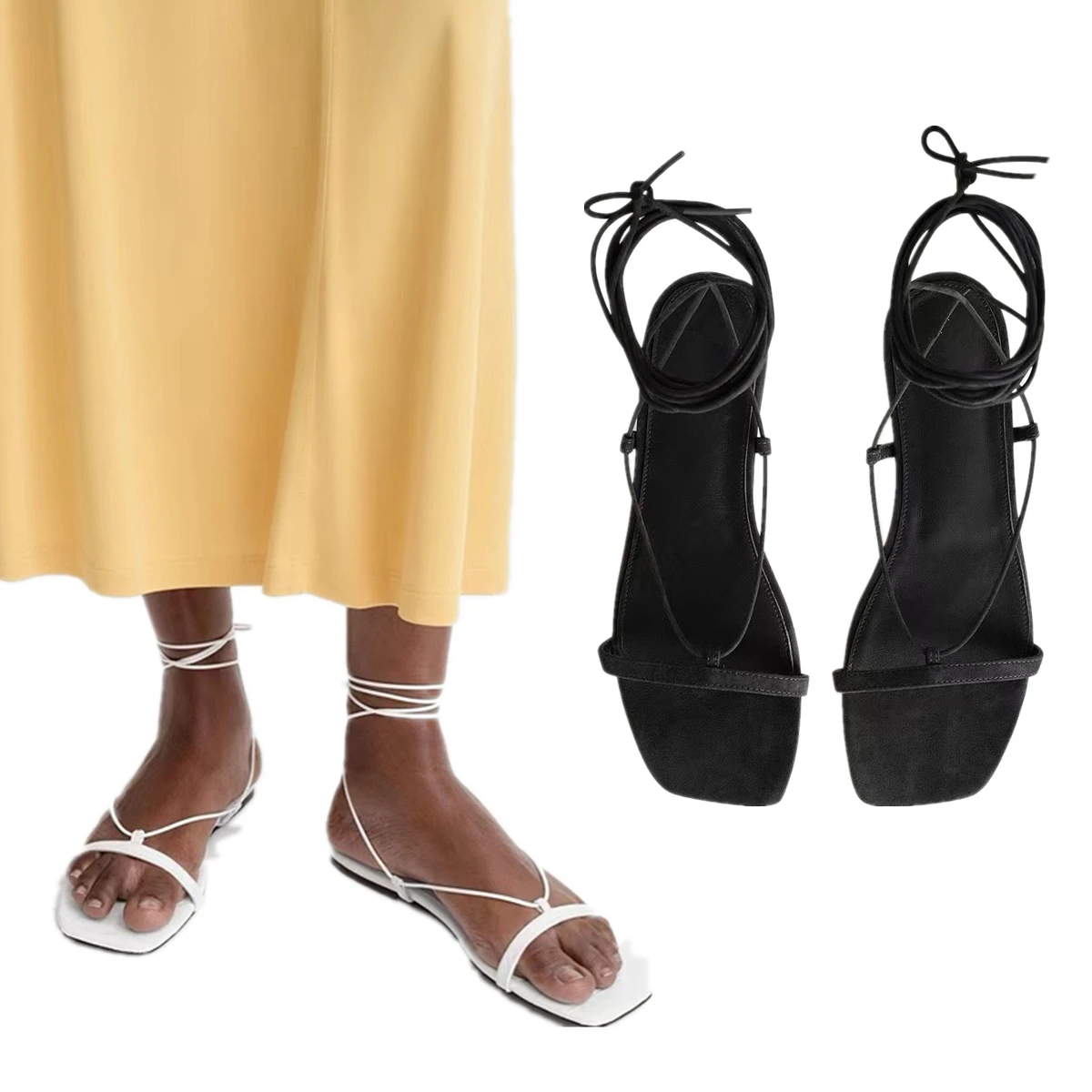 

Maxdutti Minimalist Women's Summer Sandals Sheepskin Leather Strap Flat Sandals Shoes Fashion Roman Lace Sandals For Women