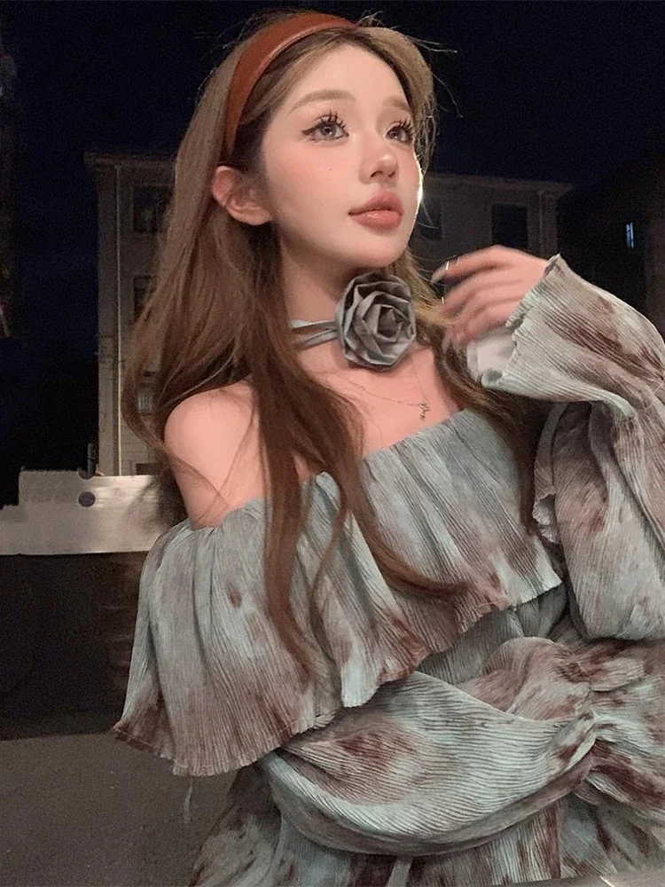 

Рубашка с 3d цветочным принтом Tie Dye Y2k, женская сексуальная свободная уличная блузка с открытыми плечами, винтажная блузка с длинным рукавом и разрезом на шее, женские топы