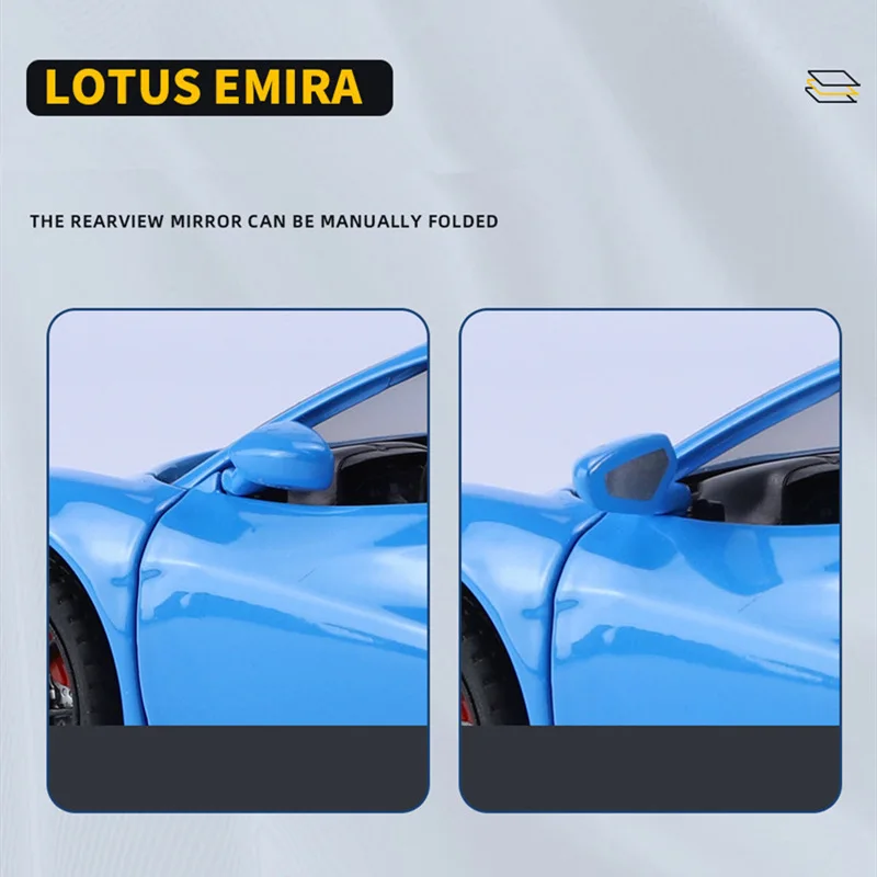 Lotus Emira-modelo de coche deportivo de aleación para niños, vehículo de carreras de Metal fundido a presión, simulación de sonido, colección de