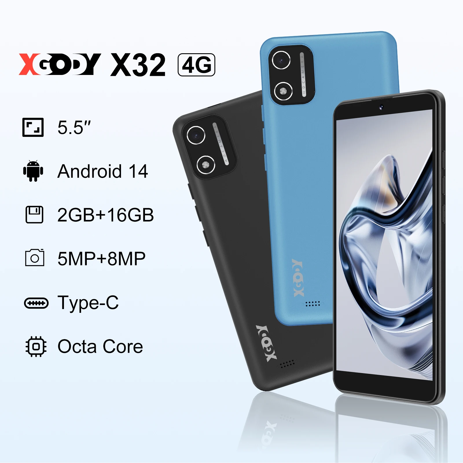 XGODY X32 Android 14 Smartphone 5,5 pulgadas Dual SIM Octa Core 4GB + 16GB teléfonos móviles 2850mAh 5 + 8MP 4G red Face ID teléfonos móviles