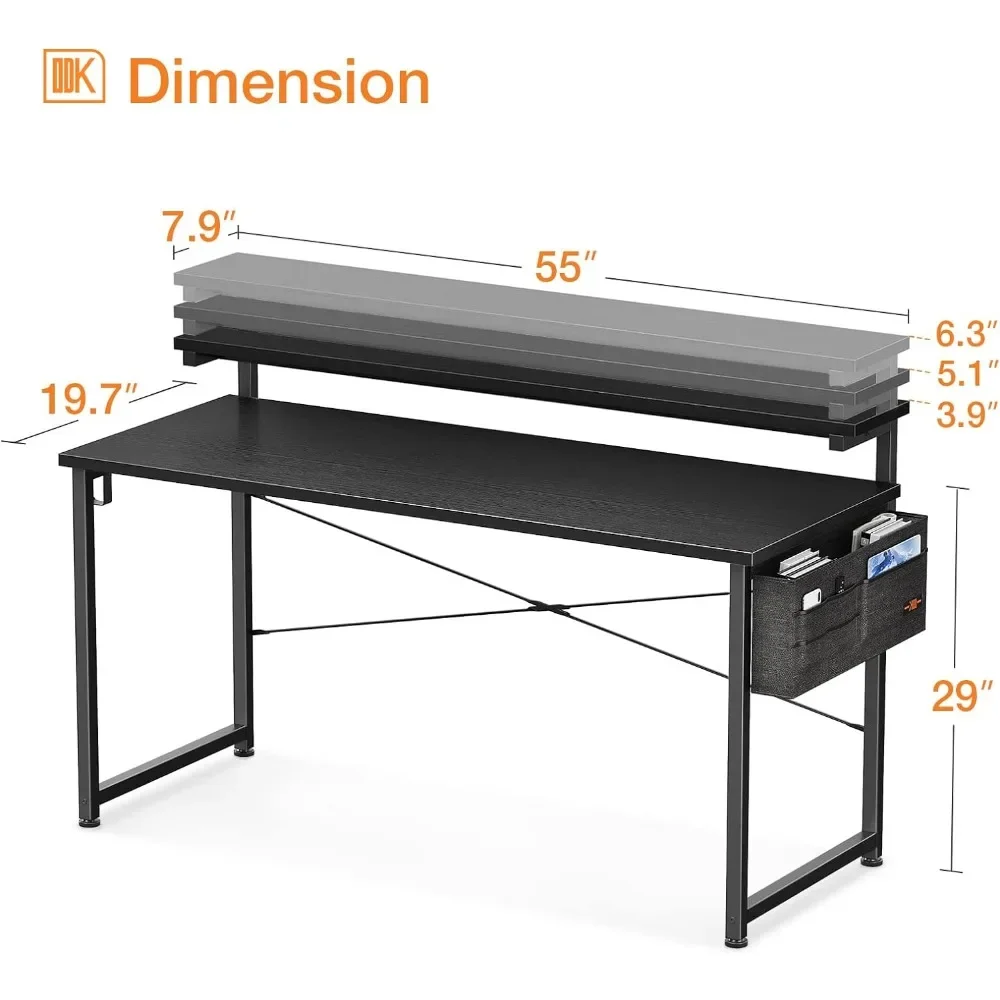 Computer Desk with Adjustable Monitor Shelves, 55 inch Home Office Desk with Monitor Stand, Writing Desk, Study Workstation