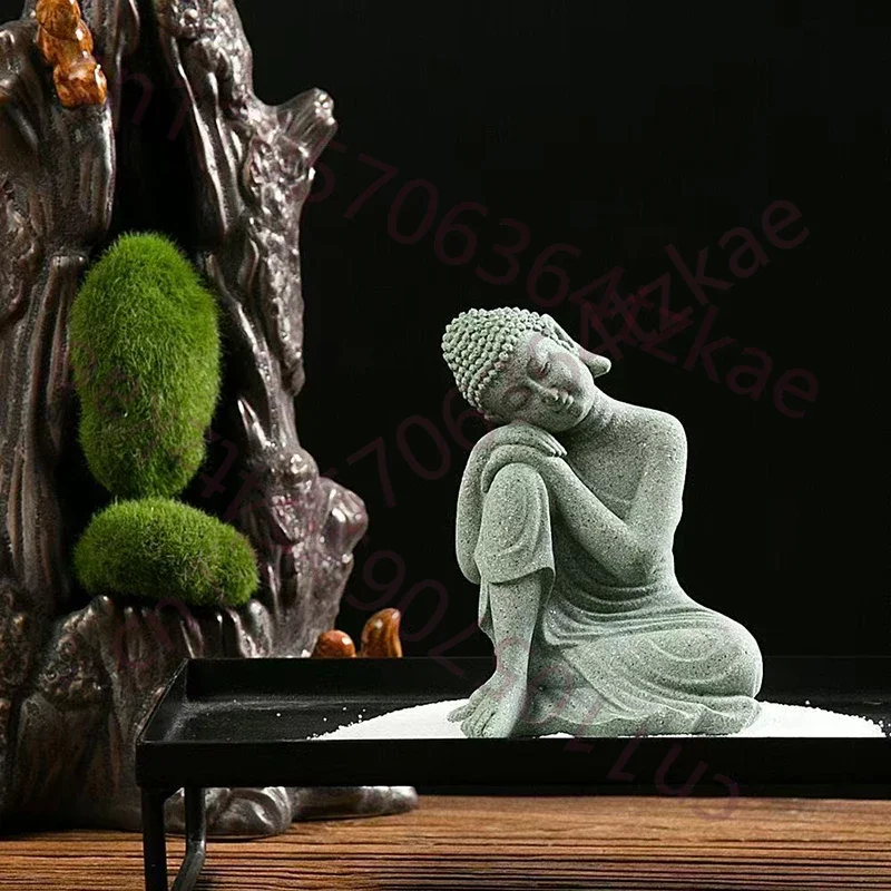 Thailand Buddha Garden Statue Fish Tank Decoration Buddhism Figurine Desk Tablescape Decor Home Zen Statue Green Sabdstone
