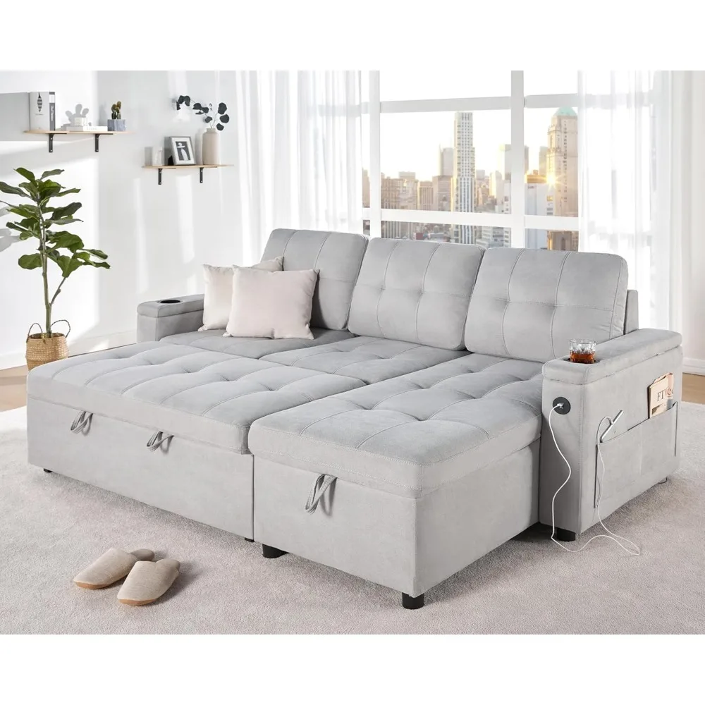 

Sleeper Sofa, Pull Out Couch Bed with USB Charging Port & Cup Holders L-Shaped Sectional Couch with Storage Chaise Comfy Couch