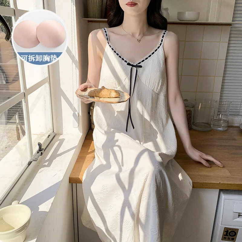 

M-2XL Summer Bra Pad Suspenders Nightdress Womens Summer Cloud Cotton Sleepwear Korean Student Sleeveless Pajamas Dress Homewear