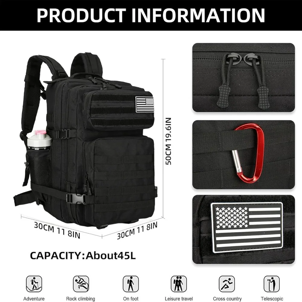 45L Tactical Assault Backpack 3 day assault pack with Molle Waterproof backpack Rucksack for Tactical Backpacks (Black)
