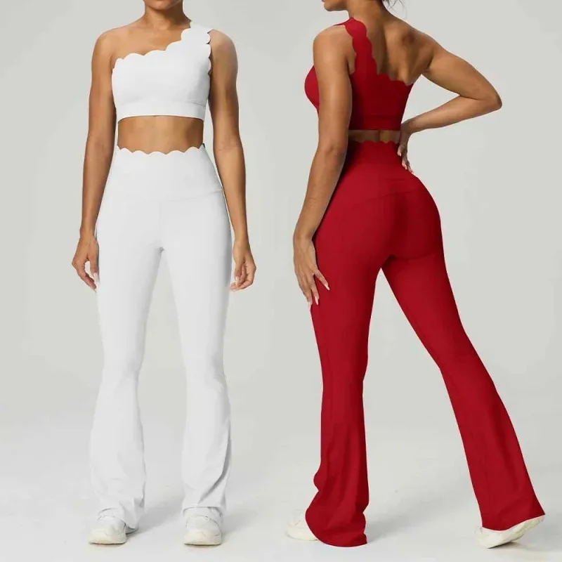 Yoga Two Piece Set Women's Underwear High-Waist  Slimming Fit Flared Pants Lace Single Strap Bra Outdoor Sports Fitness Suits