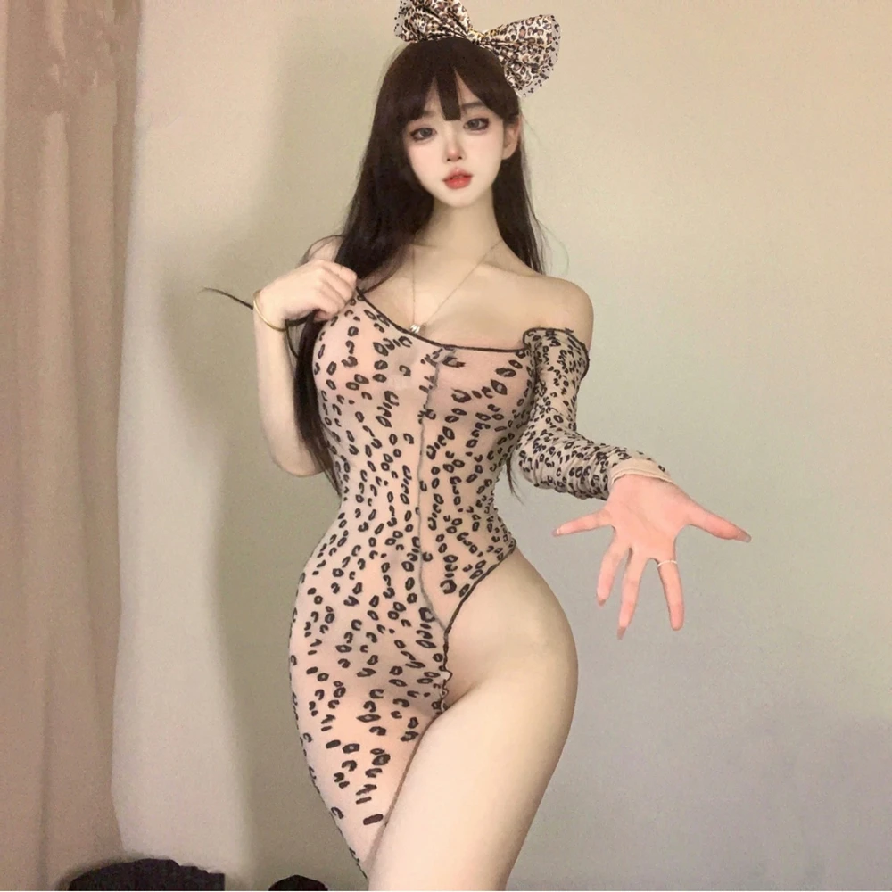 Sexy Lingerie for Women Erotic Babydoll Leopard Silk Bodystocking Underwear Porno One Piece Costumes Sleepwear Nightwear