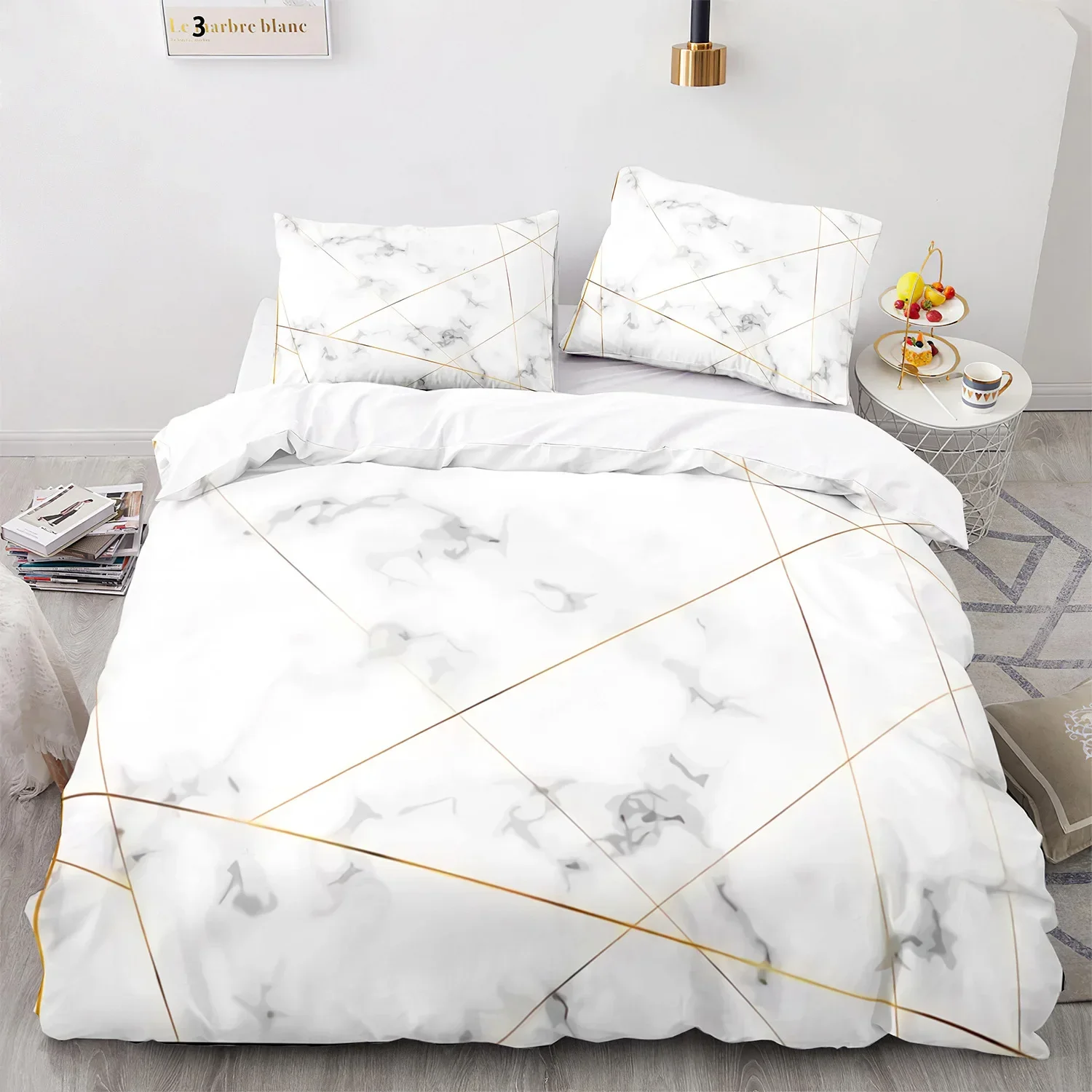 Marble Duvet Cover Set King/Queen Size White Gold Abstract Marble Texture Printed Bedding Set Abstract Polyester Quilt Cover