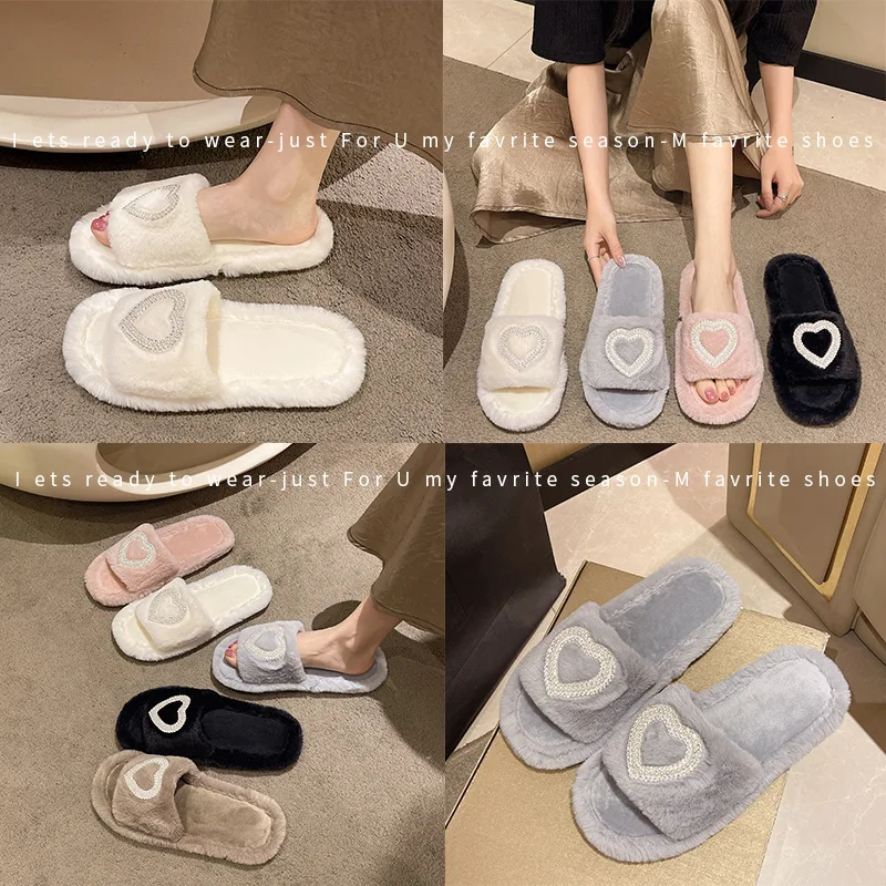 Heart Shaped Home Cotton Slippers Women Autumn Winter Indoor Open Toe Soft Sole Plush Slippers Faux Fur Cotton Slides Ladies