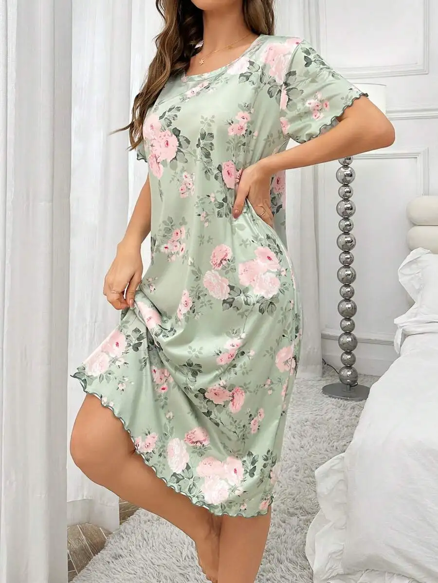 

Floral Print Round Neck Short Sleeve Sleep Dress For Women Summer