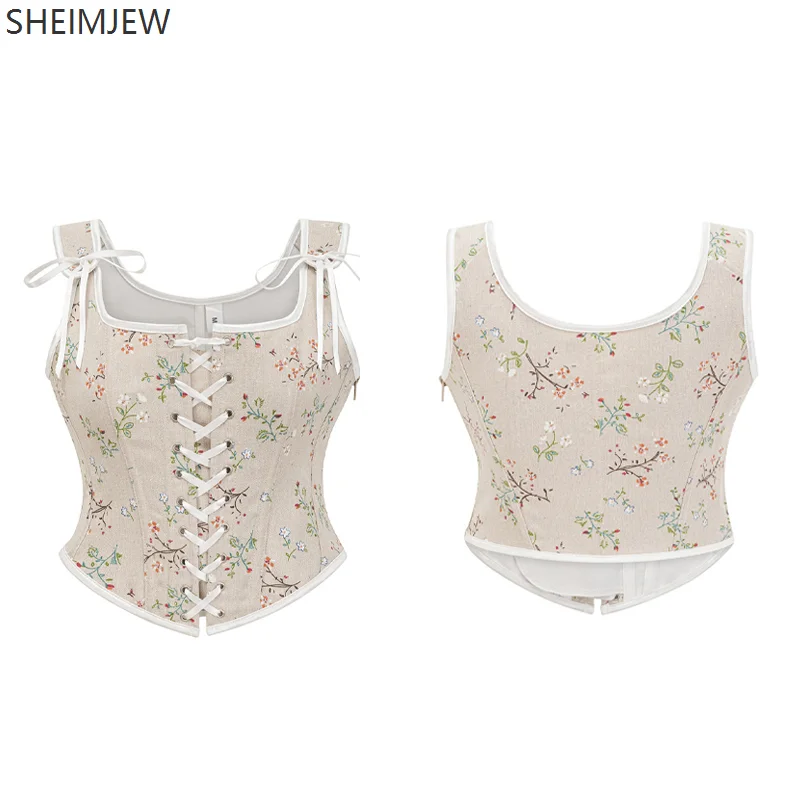 Women Sexy Corset Beige Floral Print Suspenders French Court Victorian Corsets Vintage Fishbone Tunic Vest Gothic Tops New