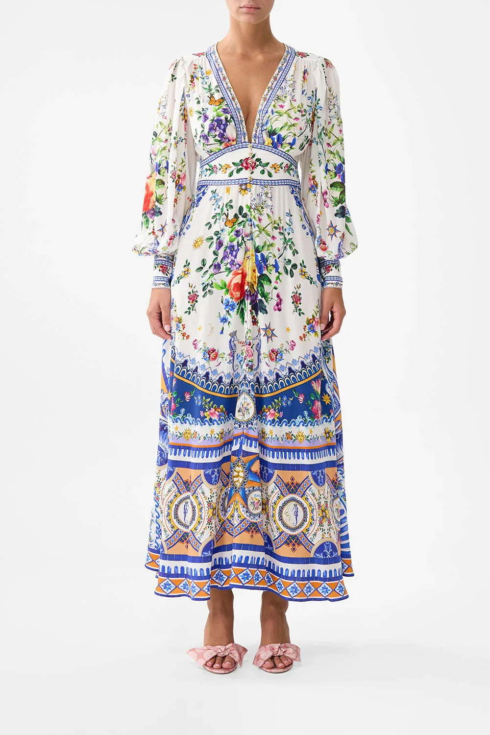 Europese en Amerikaanse nieuwe collectie Hot Sale PrintingVCollar lange mouwen bubble mouw taille gebonden zomer nieuwe dameskleding