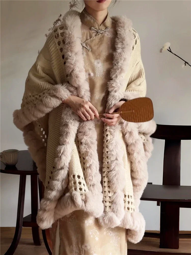 

New Chinese autumn and winter cheongsam shawl with twist knitted wool cape thick imitation fur coat