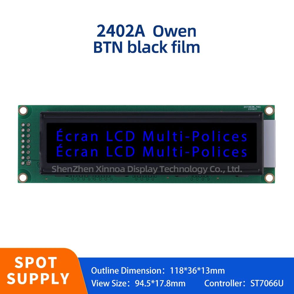 Ekran LCD moduł punktowy 118*36*13MM napięcie 5V 3.3V BTN czarna folia niebieskie litery europejski 2402A wyświetlacz LCD