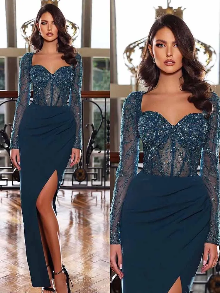 

Luxury 2025 Evening Gowns for Women Crepe Fabric Column Celebrity Dress Turquoise Sweetheart Lace Pleat Side Split Prom Dresses