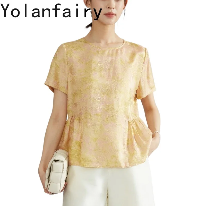 YOLANFAIRY 100% Mulberry Silk Gold Thread Jacquard Tee Shirt Femme Summer T Shirts Woman Short Sleeve Tee Ruffled Hem Blouse Top