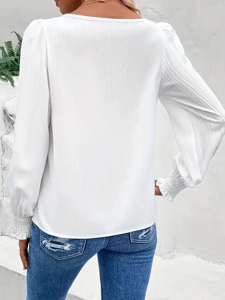 Autumn Simple Long Sleeve White Women\'s Blouses Fashion O-neck Loose Black Elegant Office Lady Shirt Tops Casual Femmal Clothing