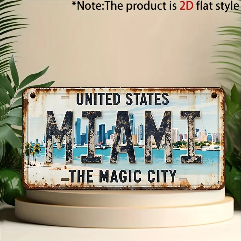 2D Flat - Decorative Only, 1pc, Vintage Miami Metal Decorative Plaque and Ornament, Country Style Wall Decor, Suitable for Men's
